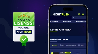Tummalla taustalla tekstinä kasinolisenssi ja vihreä merkki. Lisäksi puhelimen näytöllä kasinon sivu.