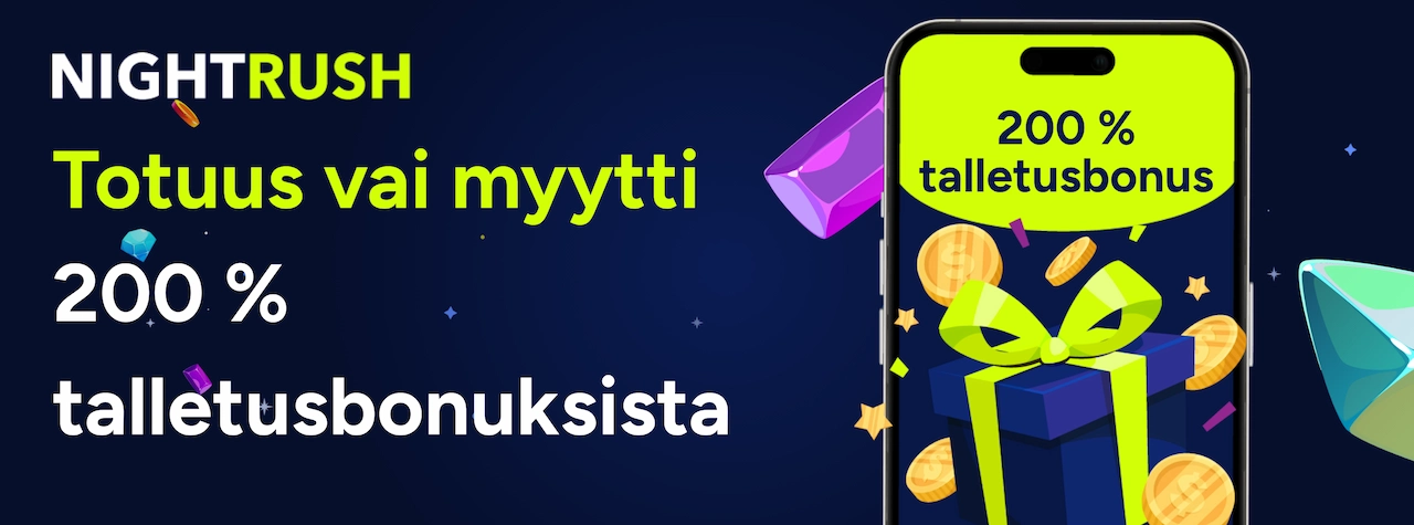 Taustalla Nightrush logo ja tekstinä Totuus vai myytti 200 % talletusbonuksista, vieressä puhelimen näytöllä tekstiä ja lahjapaketti.