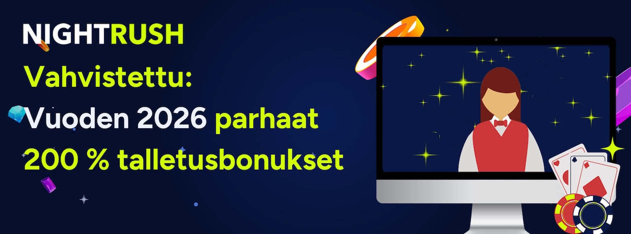 Taustalla Nightrush logo ja tekstinä Vuoden 2026 parhaat 200 % talletusbonukset ja tietokoneen näytöllä kasinon jakaja