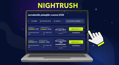 Yläreunassa Nightrush logo ja tietokoneen näytöllä kasinoiden infoja ja lunasta nyt valikot