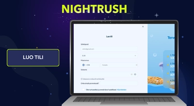 Yläreunassa Nightrush logo ja tietokoneen näytöllä tekstinä luo tili ja tekstilaatikot. Vasemmalla reunalla huomiolaatikko, missä lukee luo tili