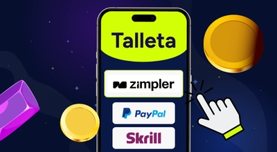 Puhelimen näytöllä teksti Talleta ja alla maksutapavaihtoja, teksteinä Zimpler, Paypal ja Skrill