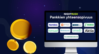 Tietokoneen näytöllä Nightrush logo ja tekstinä pankkien yhteensopivuus, alla paikallisten pankkien logo, kuten Nordea, Aktia