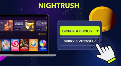 Yläreunassa Nightrush logo ja tietokoneen näytöllä pelivalikoimaa. Laatikoissa tekstinä lunasta bonus ja siirry sivustolle