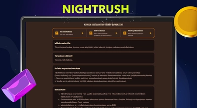 Yläreunassa Nightrush logo ja tietokoneen näytöllä kuvankaappaus bonusehtojen teksteistä nettikasinosivulta