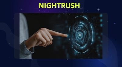 Yläreunassa Nightrush logo ja keskellä sormi kyberavaruutta esittävän pyöreän kuvion sisällä