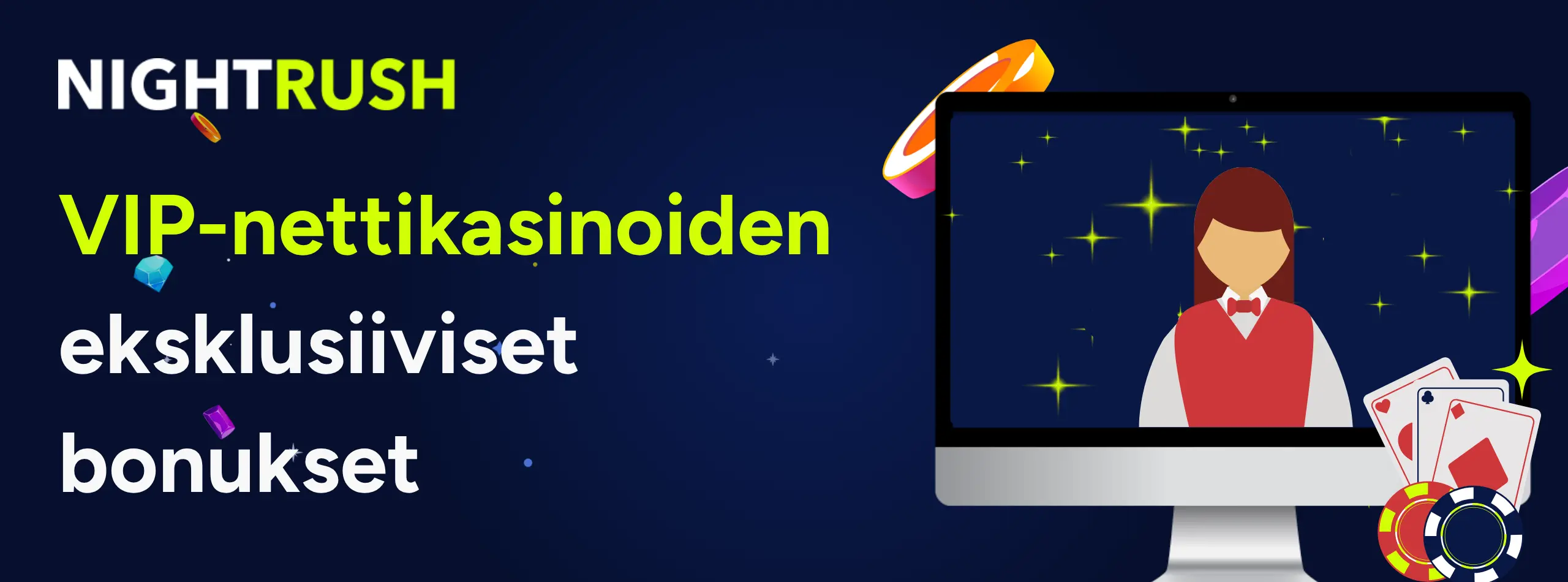 Nightrush-logo ja teksti VIP-nettikasinoiden ekslusiiviset bonukset