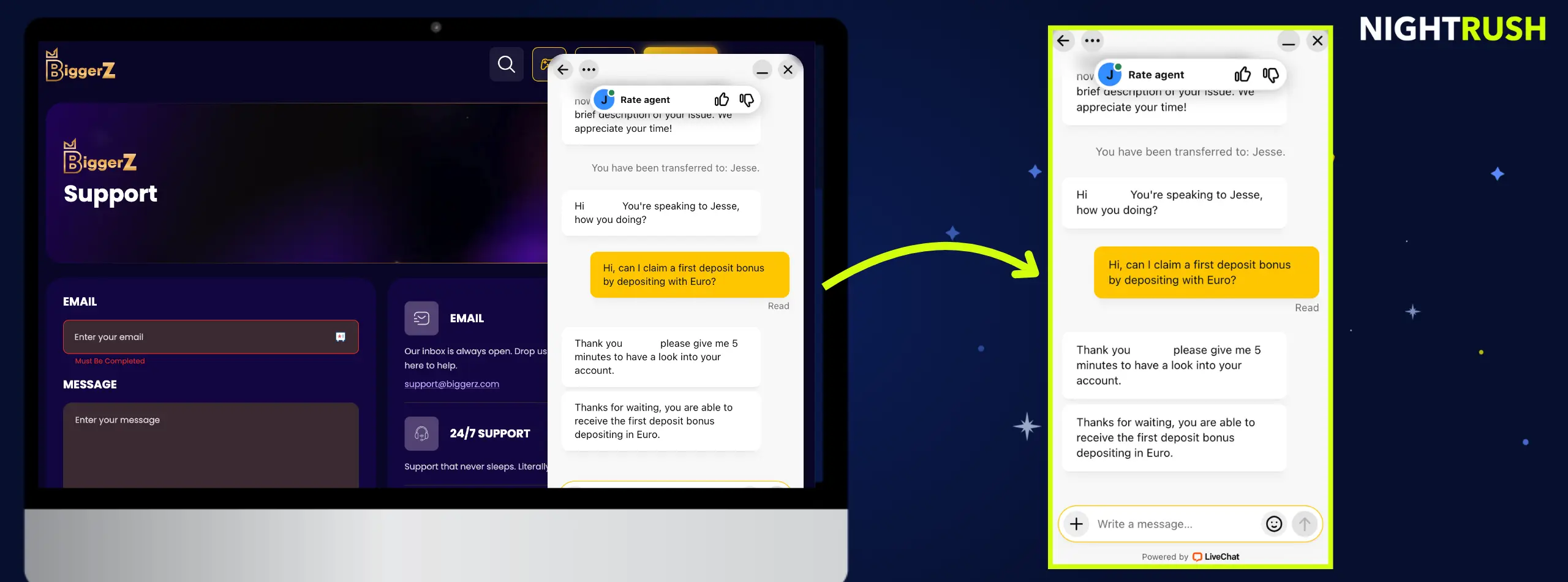 BiggerZin live-chat näkyy sivustolla ja suurennettuna rinnalla.
