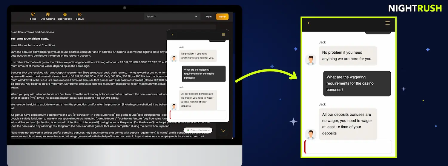 Live-chat ArtCasinon kanssa.