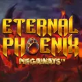 Kultainen pelinimike Eternal Phoenix Megaways tummalla, tulisen laavan täyttämällä taustalla.