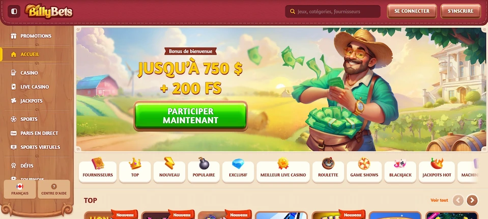 Page d’accueil du casino Billybets