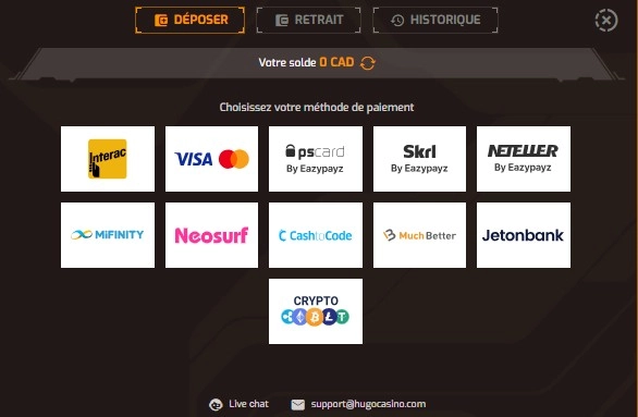 page des dépôt de Hugo Casino