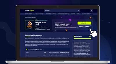 Aperçu du casino en ligne Hugo Casino sur ordinateur montrant l’interface, la note d’évaluation et les informations générales du site.