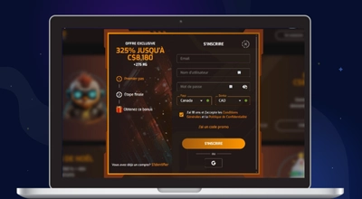 Fenêtre d’inscription Hugo Casino présentant le formulaire de création de compte et l’offre exclusive de bienvenue en dollars canadiens.