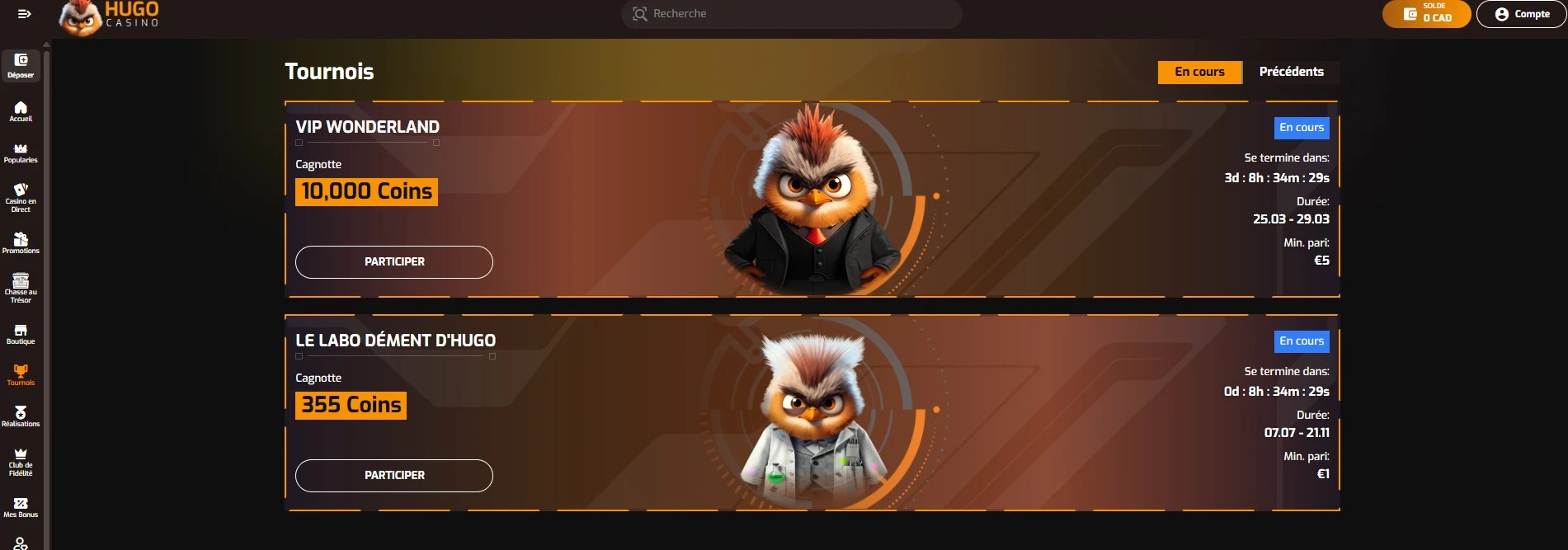 Page des tournois de Hugo Casino