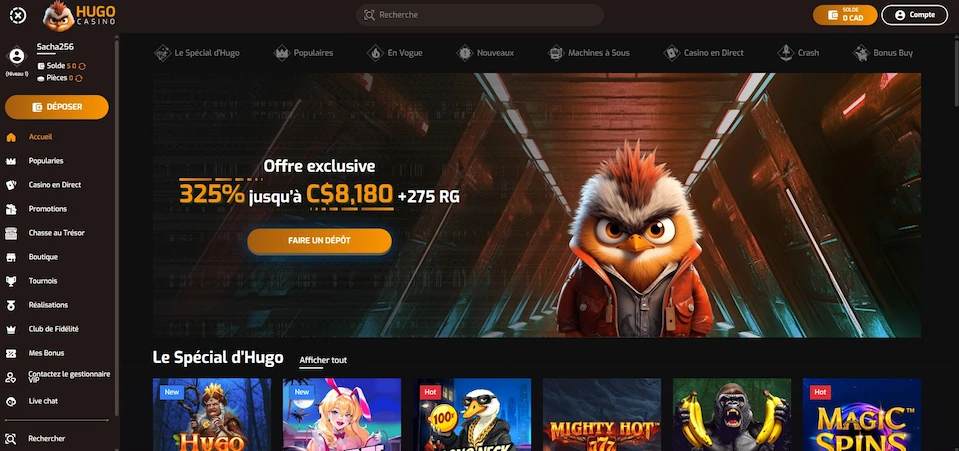 Page d’accueil de Hugo Casino.