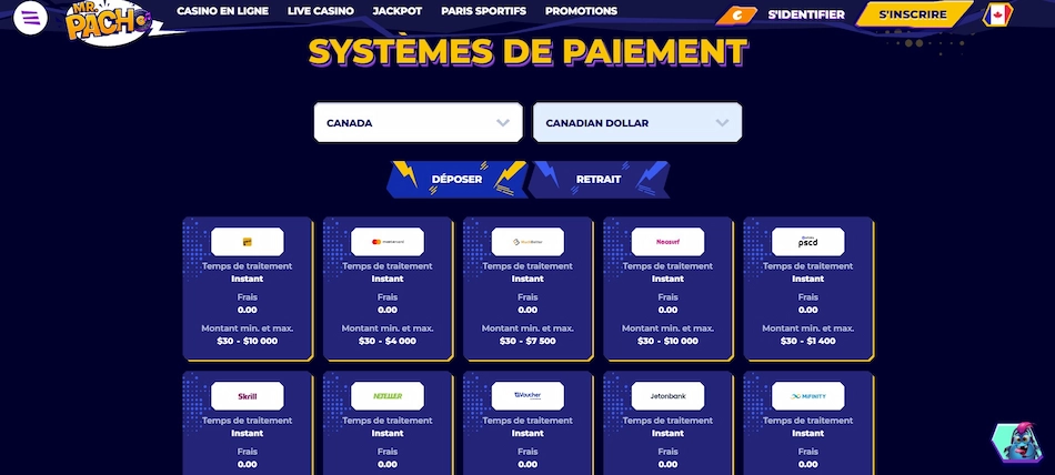 Page Mr. Pacho « Systèmes de paiement » affichant les options de dépôt et de retrait pour le Canada en dollars canadiens, avec les logos Visa, Mastercard, MuchBetter, Neosurf, Skrill, Neteller, Jetonbank et MiFinity.