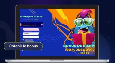 Écran d’ordinateur portable montrant la page Mr. Pacho avec un formulaire d’inscription et le message « Commençons la fête ! », accompagné d’un visuel de bonus de bienvenue.