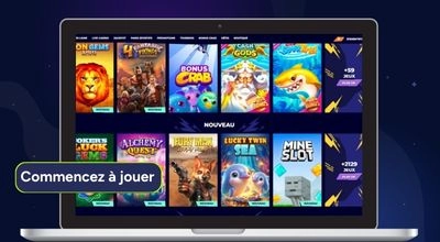 Écran d’ordinateur portable présentant la ludothèque Mr. Pacho avec plusieurs machines à sous visibles et un bouton « Commencez à jouer ».