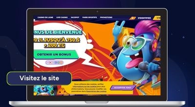 Écran d’ordinateur portable affichant le site Mr. Pacho avec une bannière de bonus de bienvenue « 100 % jusqu’à 750 $ + 200 TG » et un bouton « Obtenir un bonus ».
