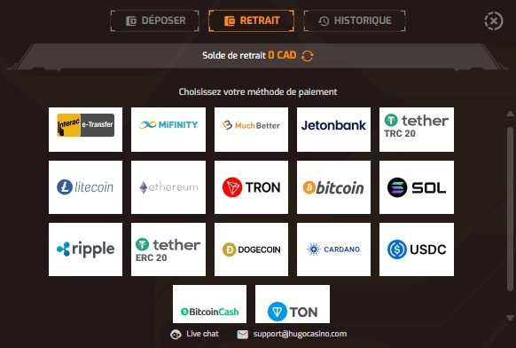 Page des retraits de Hugo Casino