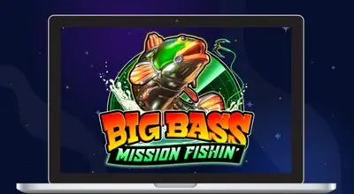 Écran d’ordinateur affichant la machine à sous Big Bass Mission Fishin’ avec son logo et un poisson en illustration, sur un fond sombre étoilé.
