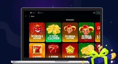 Catalogue de machines à sous Novomatic sur le casino Turbo Wins, avec des jeux comme 10 Devils Hotfire, 10 Super Clover, Mega Hotfire et 5 Sevens.