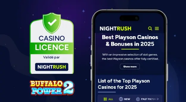 Visuel NightRush montrant une licence casino validée et un aperçu mobile de la page Buffalo Power 2.