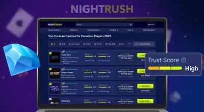 Un ordinateur portable affichant les avis du casino Nightrush avec un Trust Score et un diamant.
