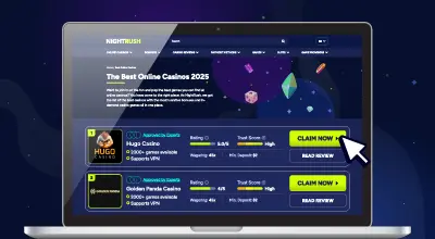 Un ordinateur portable affiche un site intitulé « Les meilleurs casinos en ligne 2025 », présentant deux casinos listés. Un curseur de souris pointe vers le bouton « RÉCLAMER MAINTENANT ».