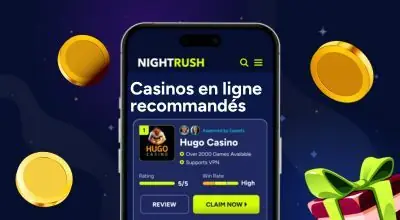 Page NightRush affichant une liste de casinos en ligne recommandés, avec Hugo Casino en mise en avant sur un smartphone.