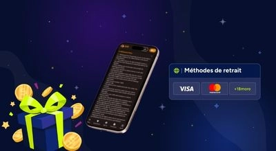 Smartphone affichant des informations et encadré indiquant les méthodes de retrait, incluant Visa, Mastercard et d’autres options.