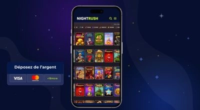 Application mobile NightRush montrant le dépôt d’argent pour jouer aux machines à sous.