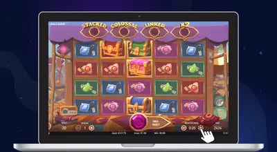 Interface de jeu Wild Bazaar affichée sur un ordinateur portable avec coffres et symboles