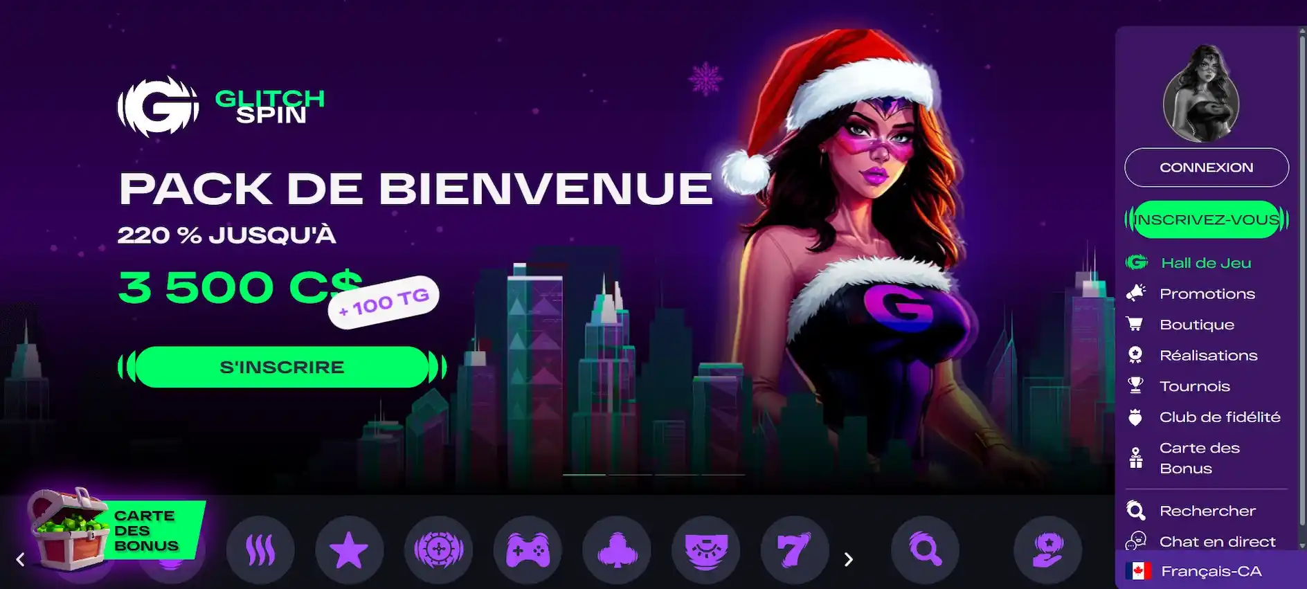Page d’accueil du casino Glitchspin