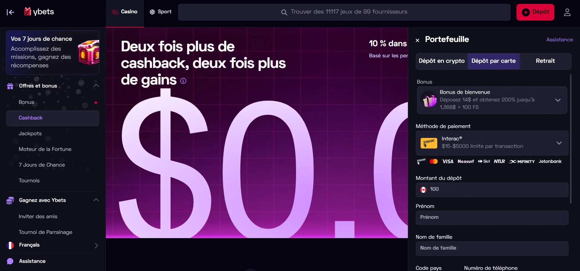 Page des paiements sur Ybets.