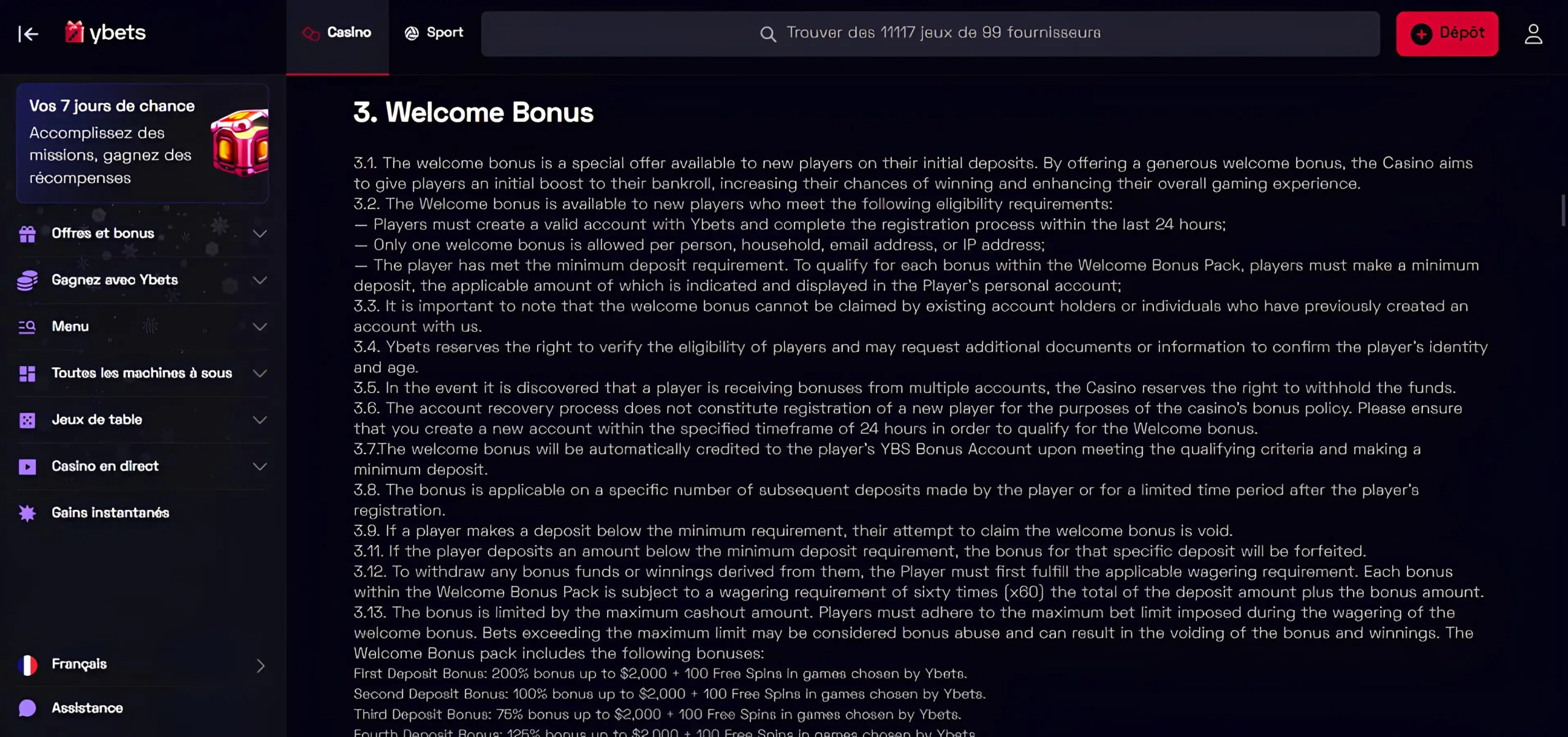 page des conditions des bonus Ybets.