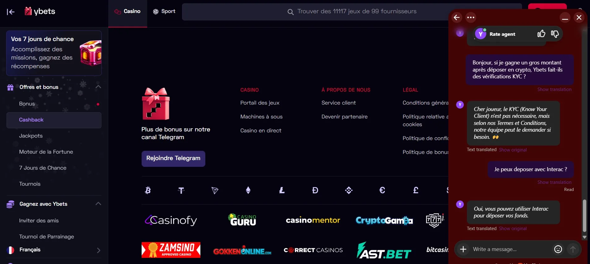 Page d’accueil du casino Ybets avec le clavardage en direct par IA confirmant que les retraits en cryptomonnaie sont accessibles à tous les joueurs.
