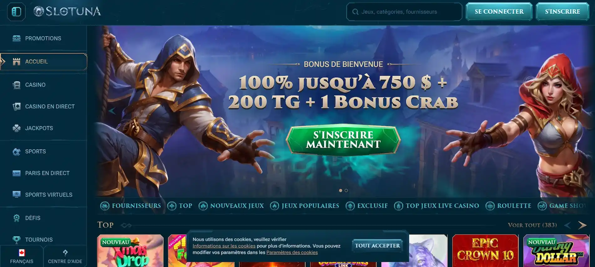 Grande bannière Slotuna annonçant le bonus de bienvenue 100 % jusqu’à 750 $ avec 200 tours gratuits, montrant deux personnages fantastiques et un bouton « S’inscrire maintenant ».