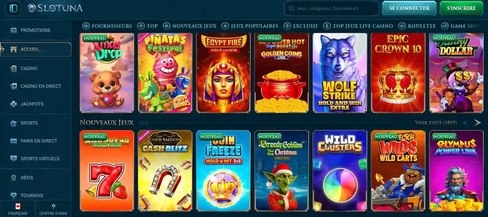 Page d’accueil Slotuna présentant la ludothèque de machines à sous, avec les catégories de jeux, les nouveautés et plusieurs vignettes de slots colorées.