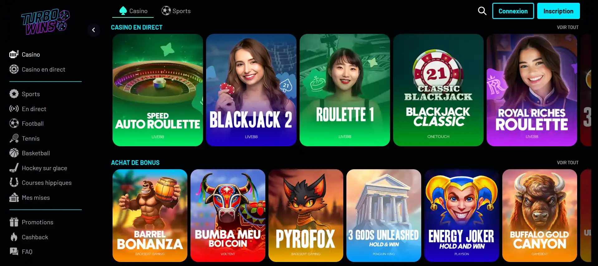 Présentation de la section casino en direct de Turbowins