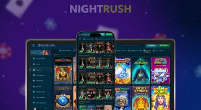 Visuel promotionnel Slotuna signé Nightrush montrant l’interface du casino sur ordinateur, tablette et smartphone, avec une sélection de machines à sous populaires affichées à l’écran.