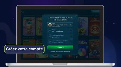 Fenêtre Slotuna « Choisissez votre bonus de bienvenue » montrant plusieurs options de bonus, avec un bouton vert pour créer un compte et sélectionner l’offre.