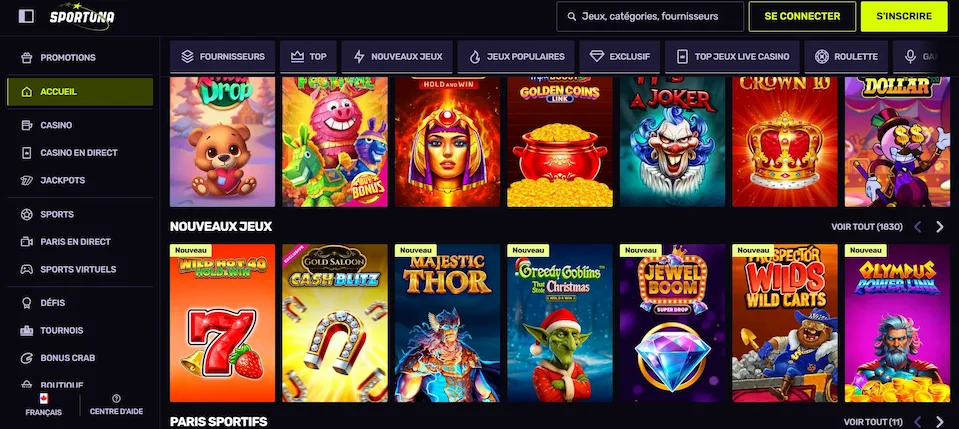 Page d’accueil Sportuna affichant une rangée de machines à sous sous la section « Nouveaux jeux », avec le menu latéral du casino visible à gauche.