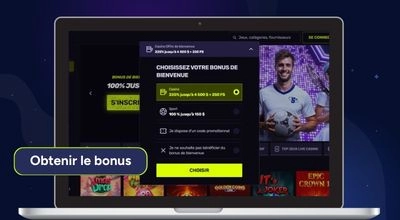 Écran d’ordinateur portable affichant l’interface Sportuna avec une fenêtre « Choisissez votre bonus de bienvenue », un bouton « Choisir » et une vignette promotionnelle à droite.
