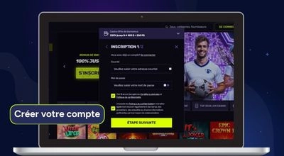 Écran d’ordinateur portable montrant la page d’inscription Sportuna avec les champs de création de compte et un bouton « Étape suivante ».