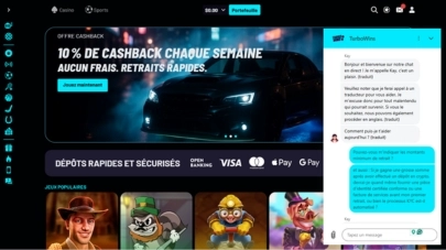 Capture d'écran d'une image du clavardage en direct du casino Turbo Wins sur un écran d'ordinateur.