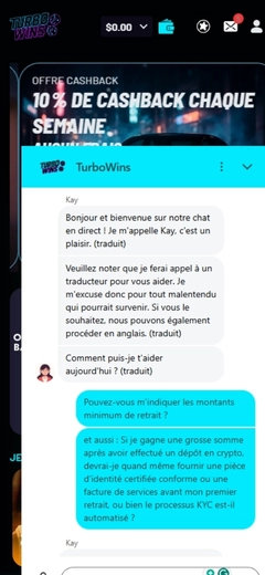 Capture d'écran d'une image montrant le clavardage en direct du casino Turbo Wins sur un écran mobile.