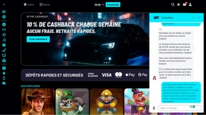 Capture d'écran d'une image du clavardage en direct du casino Turbo Wins sur un écran d'ordinateur 2.