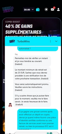 Capture d'écran d'une image montrant le clavardage en direct du casino Turbo Wins sur un écran mobile 2.